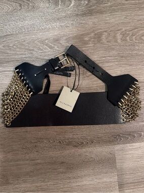 All Saints Black Leather Waist Belt with Gold Chain Fringe